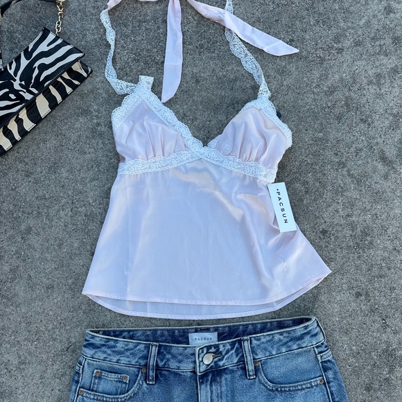 PacSun Tops - PacSun Pink Lace Cami and Blue Denim Skirt